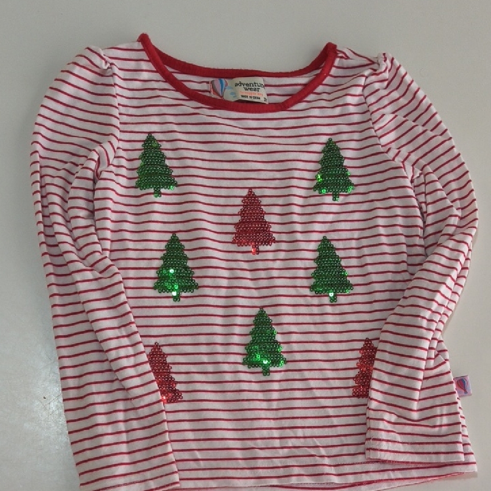 Adventure Wear By Copper Key Red Striped Shirt with Green Sequin Trees